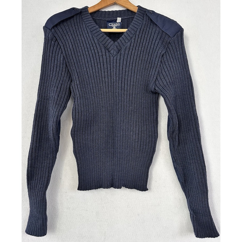CITADEL Sweater Wool V-Neck Retro Patches Navy Blue Men's Small Grunge Hipster